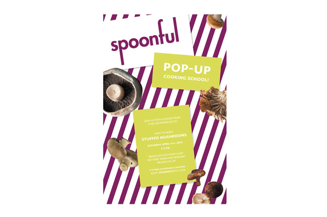 spoonful pop-up event with mushrooms on a purple diagonal lines surface
