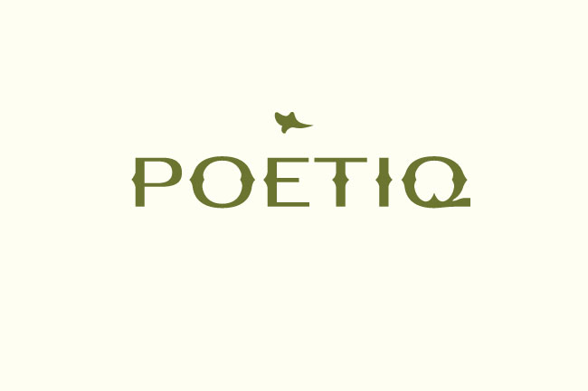 poetic logo in dark green with a small bird above the letter E, on a light yellow background