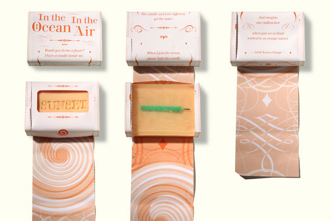 three soap bars packed in a white paper with orange text and graphics and the word sunset written on it
