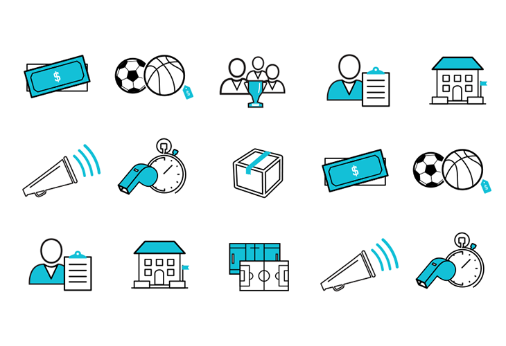 Small branding icons with a blue accent color and black outlines, in the shape of money, football, basketball, box, stopwatch, etc.