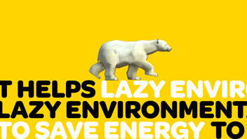 banner with black and white typography and a white polar bear on a yellow background
