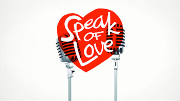 Speak of love heart shape logo with to microphones on left and right side
