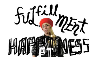 a portrait of a woman with a red hat with funky text written above her and at the bottom part of the image
