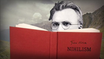 nihilism book and a person with forehead and eyes visible behind the book
