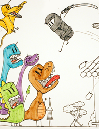 A page from a coloring book of dinosaurs and a ninja, colored in orange, green, blue, black, etc.
