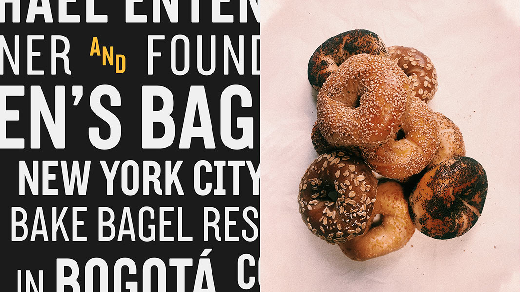 (left) Entern's Bagel typography and branding; (right) picture of different types of bagels over each other