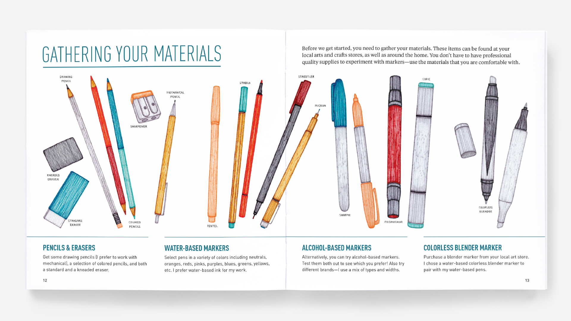 inside pages with colored pencils and brushes