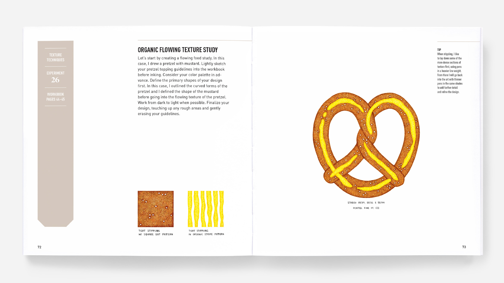 inside pages with text and a pretzel