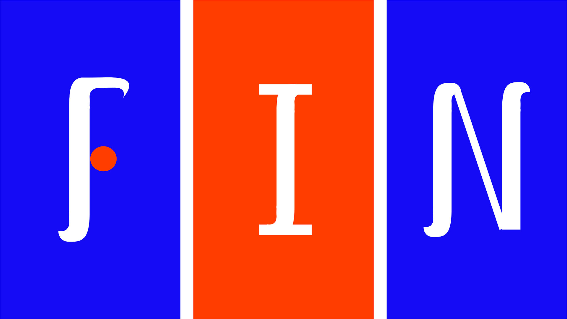 "FIN" custom type design in bright blue, orange and white