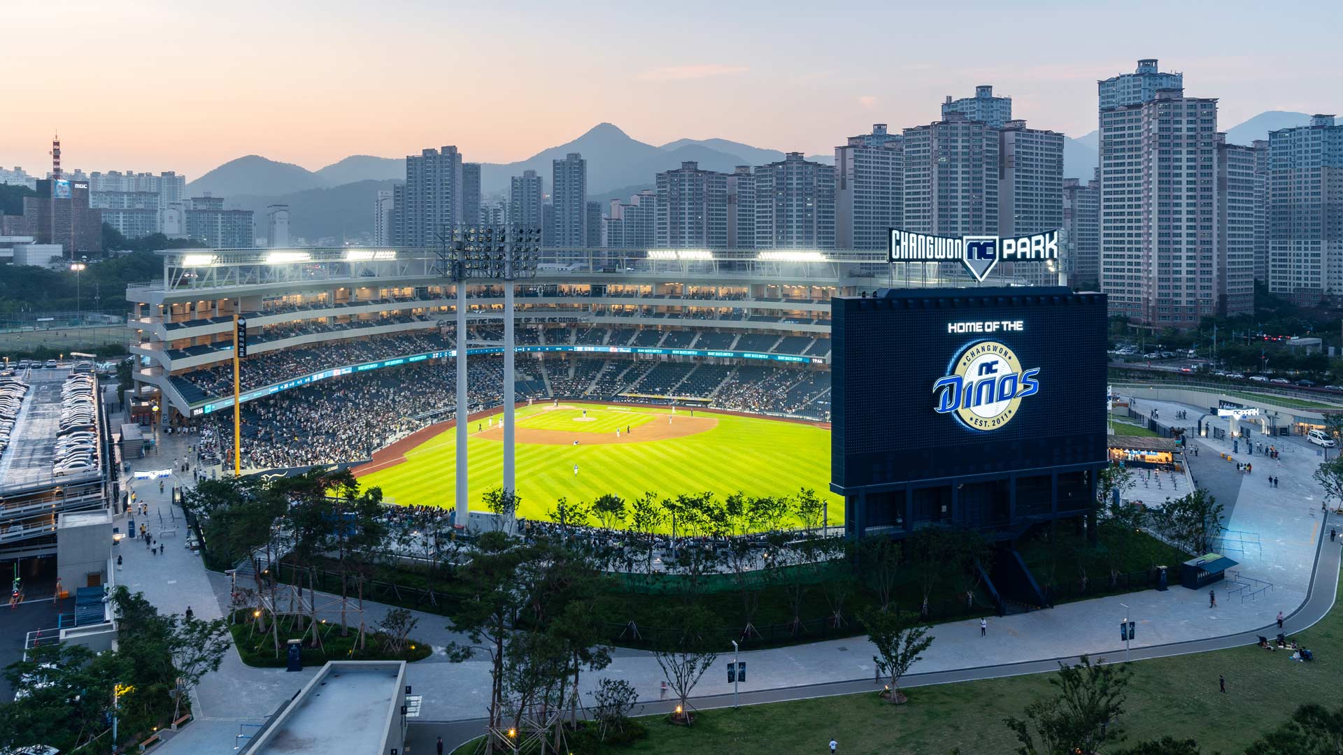 baseball stadium at dusk