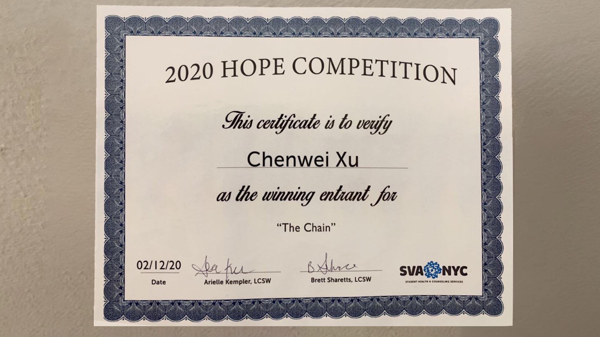 Hope award for Chenwei Xu