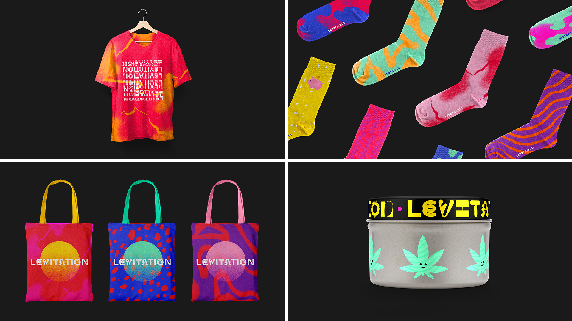 Levitation merch design, t-shirt, socks, tote bags and herb grinder