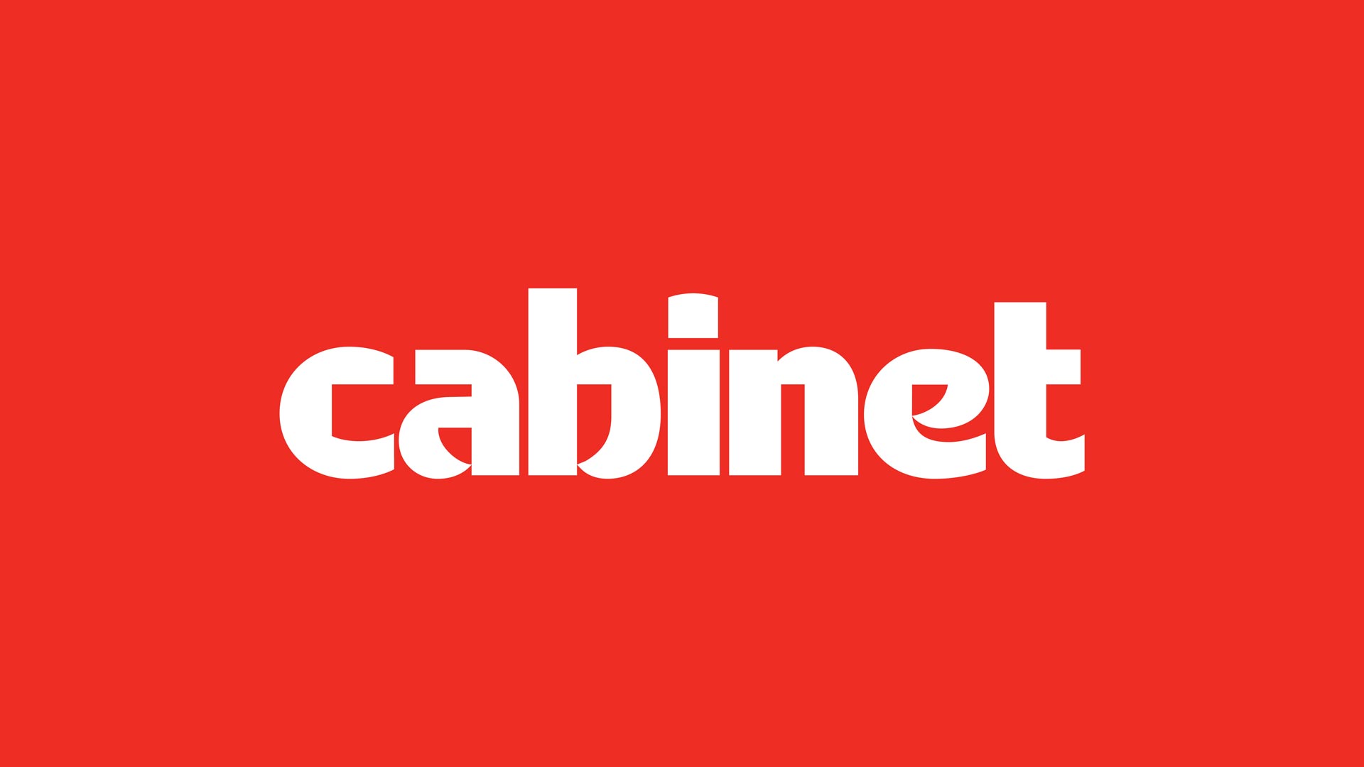 Cabinet logo, white type on red background