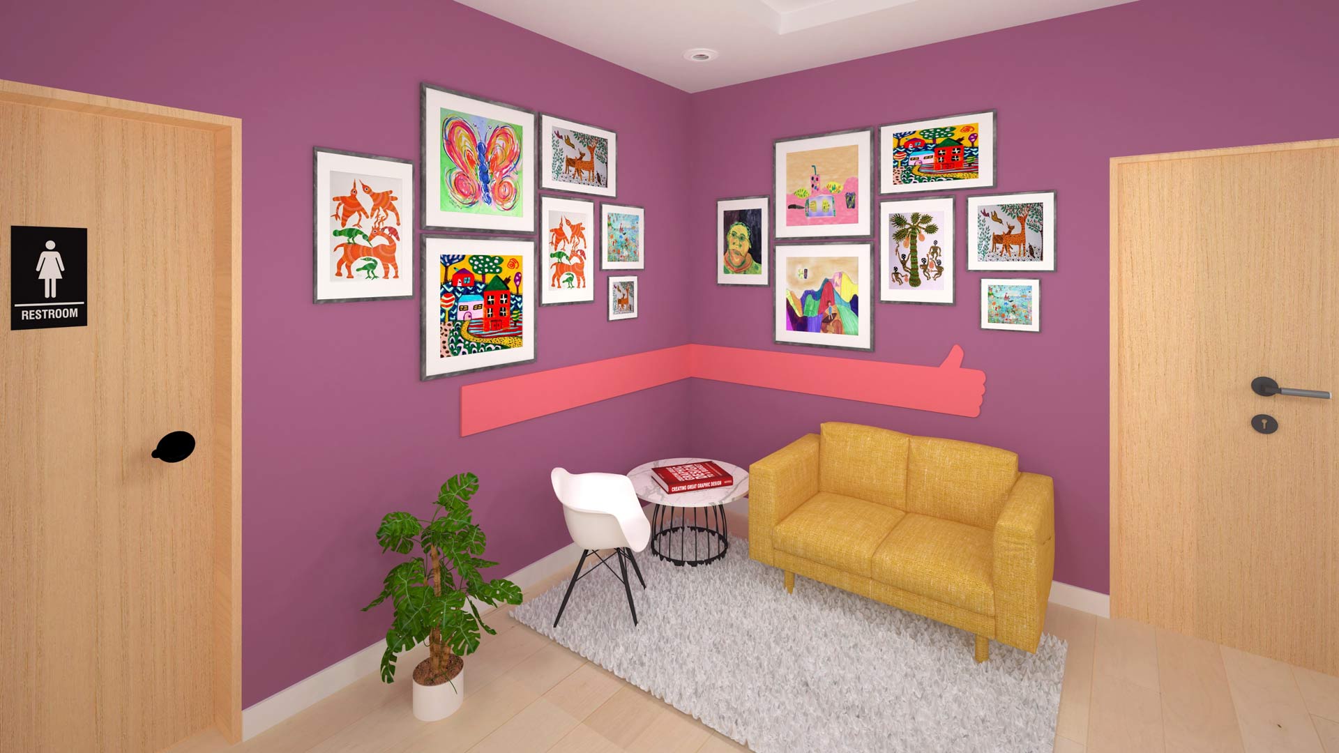 Kala space design; corner lounge with couch, chair and art on wall