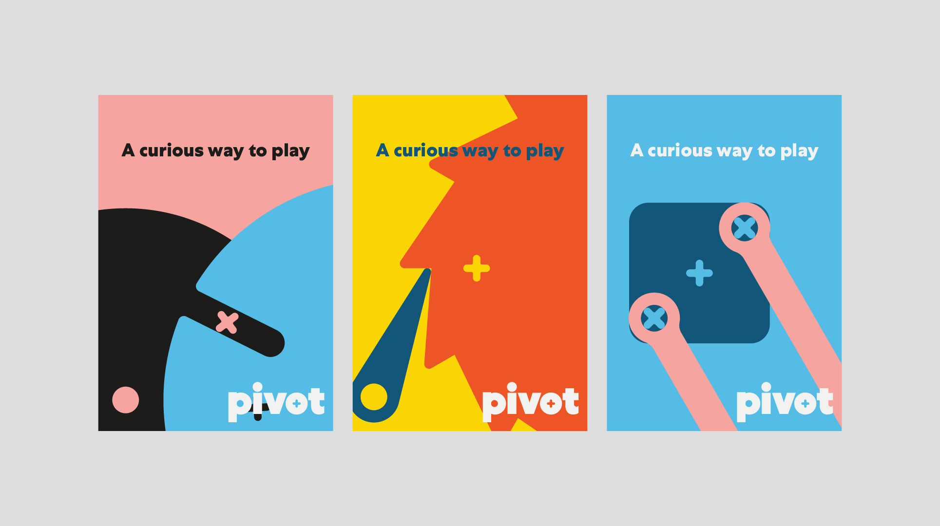 Pivot branding; posters with graphic visuals, logo and headline "a curious way to play"