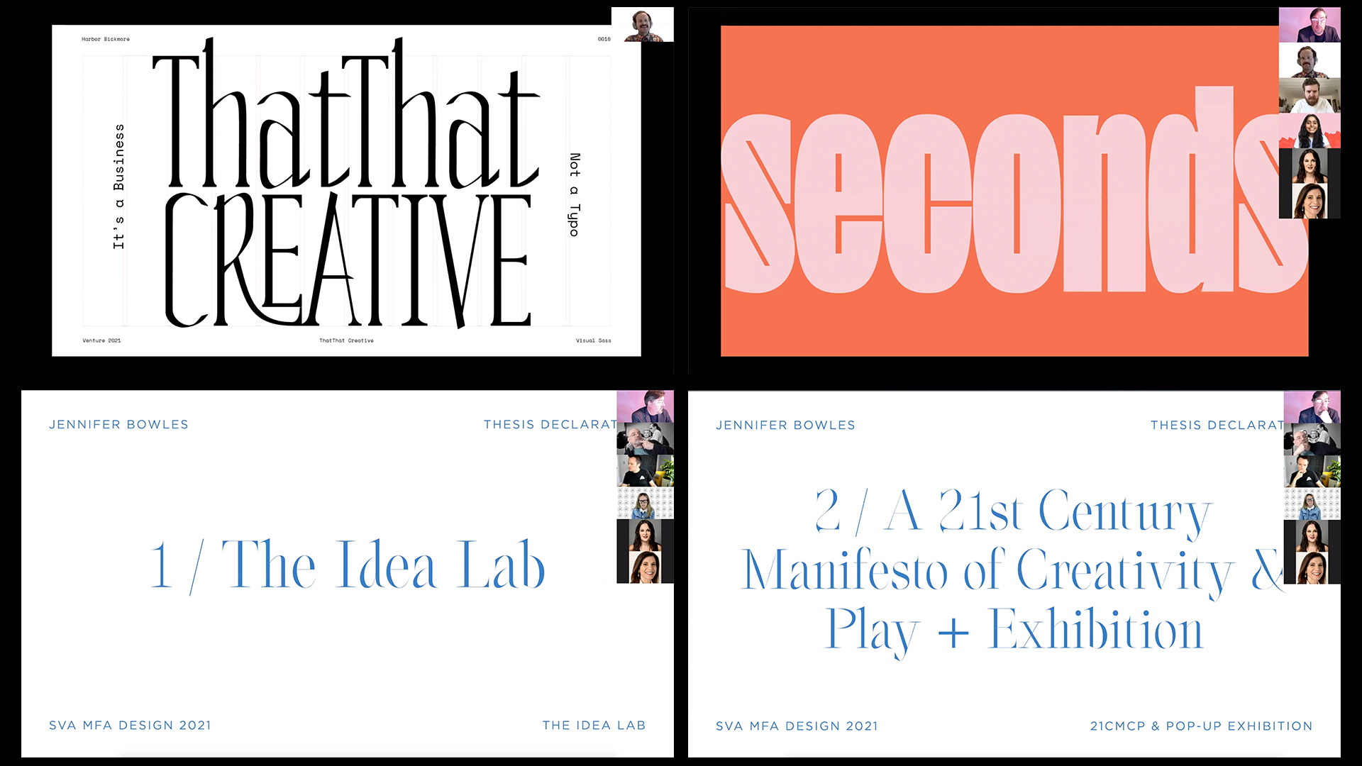 collage of Thesis presentation slides; ThatThat Creative, seconds, Idea Lab, 21st Century Manifesto