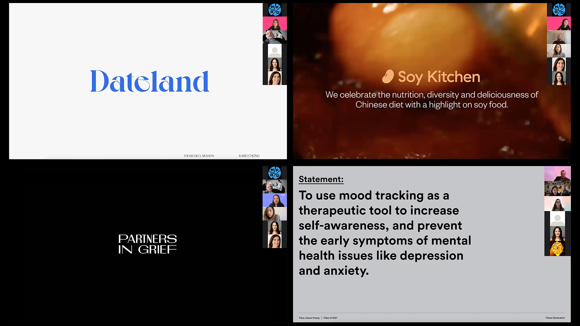 collage of Thesis presentation slides; Dateland, Soy Kitchen, Partners in Grief, Mood tracker