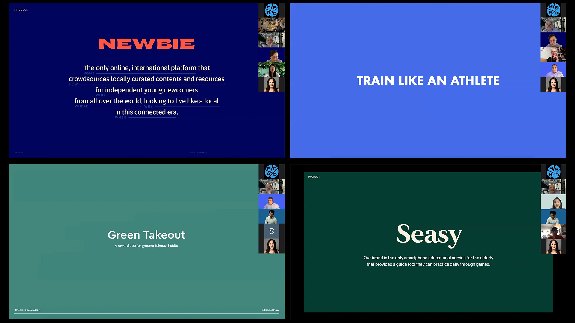 collage of Thesis presentation slides; Newbie, Train like an Athlete, Green takeout, Seasy