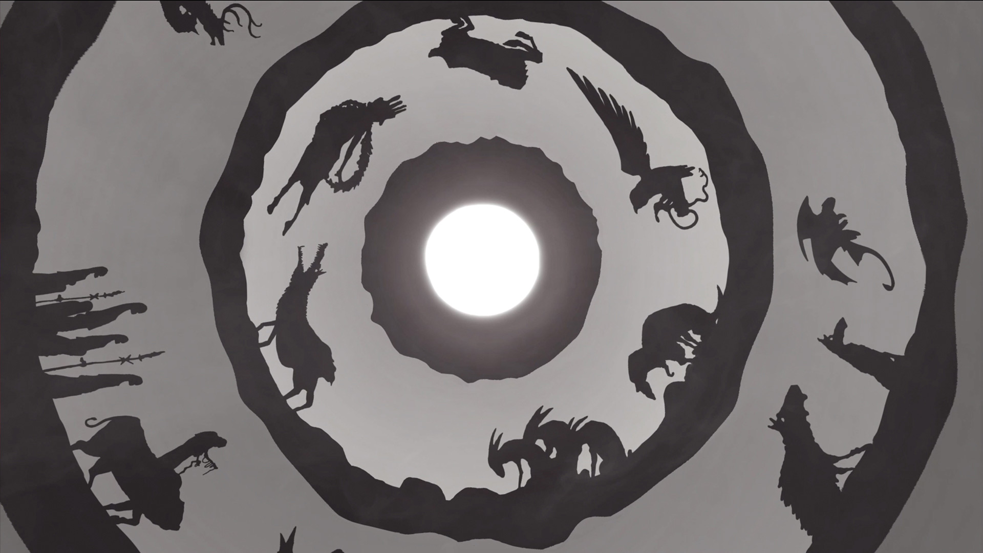 Sunwheel visual; shadowed creatures and people walking in a circular loop with moon in the centre