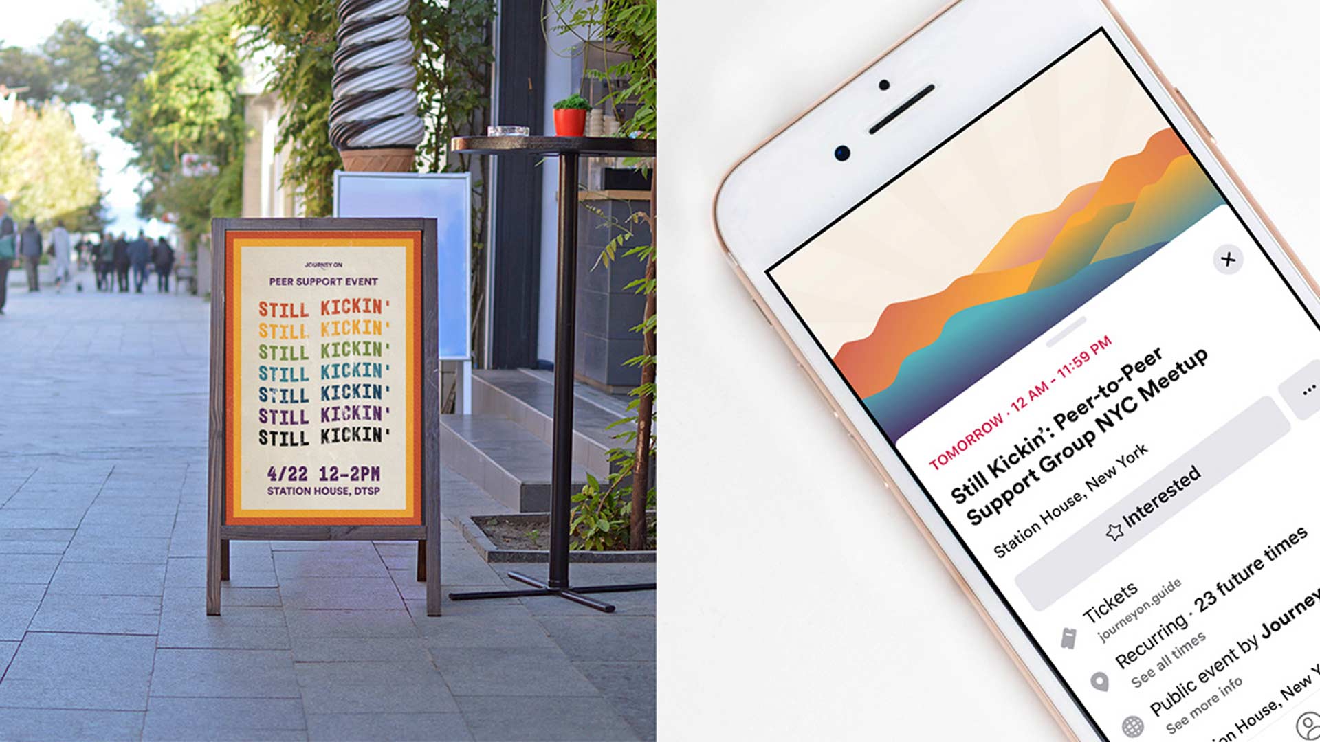 Diptych of sidewalk stand and event page on an iPhone for Journey On