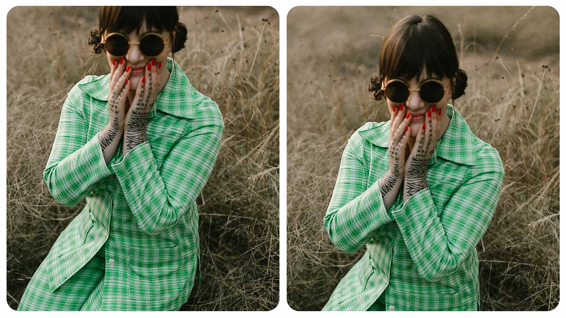 Diptych of Kathleen Fitzgerald in a green suit