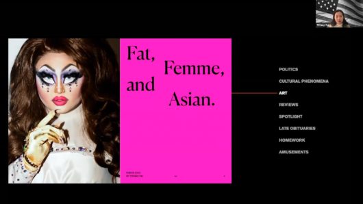 drag queen with text fat, femme and asian