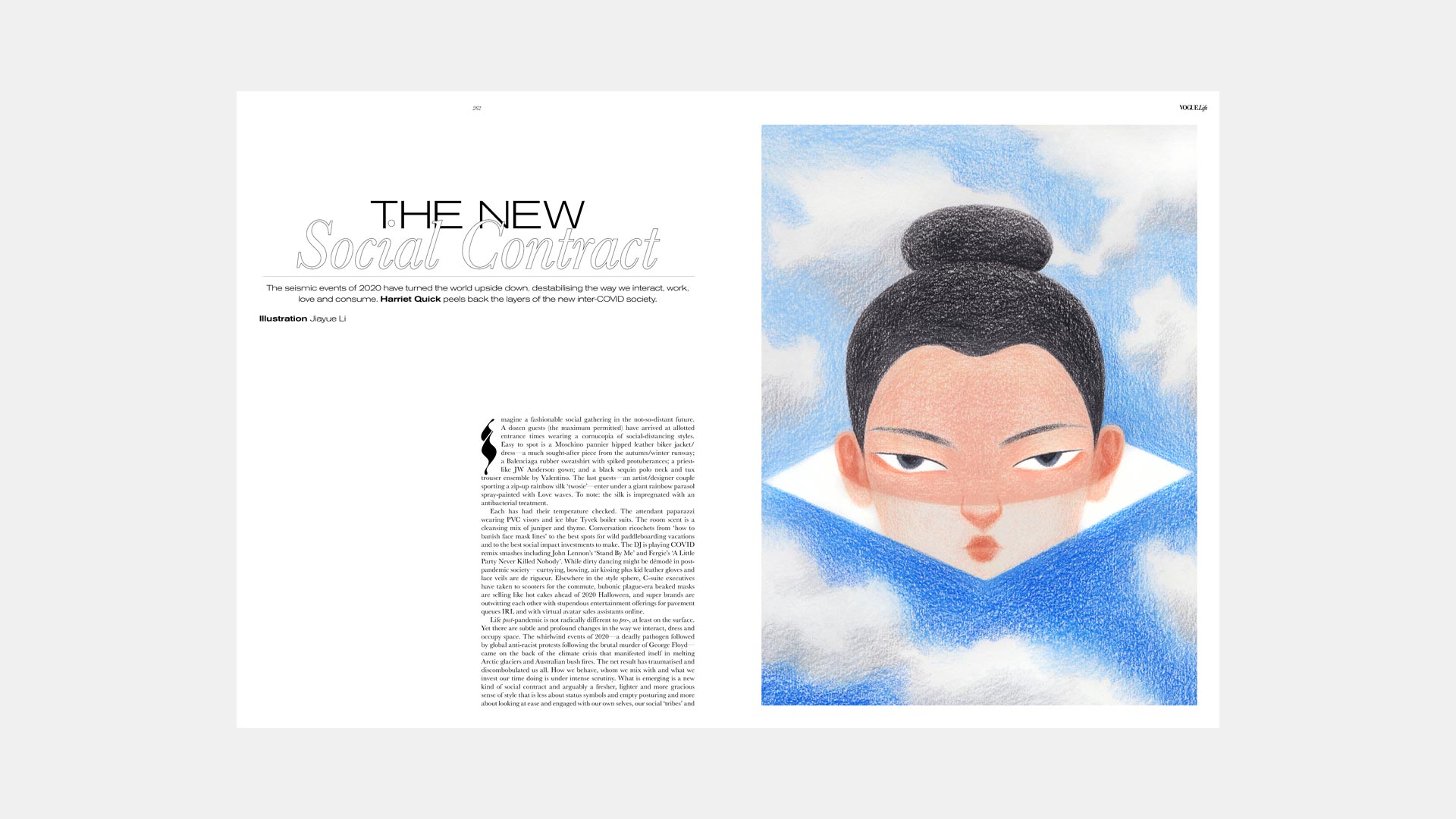 magazine illustration woman peeking her head through the sky