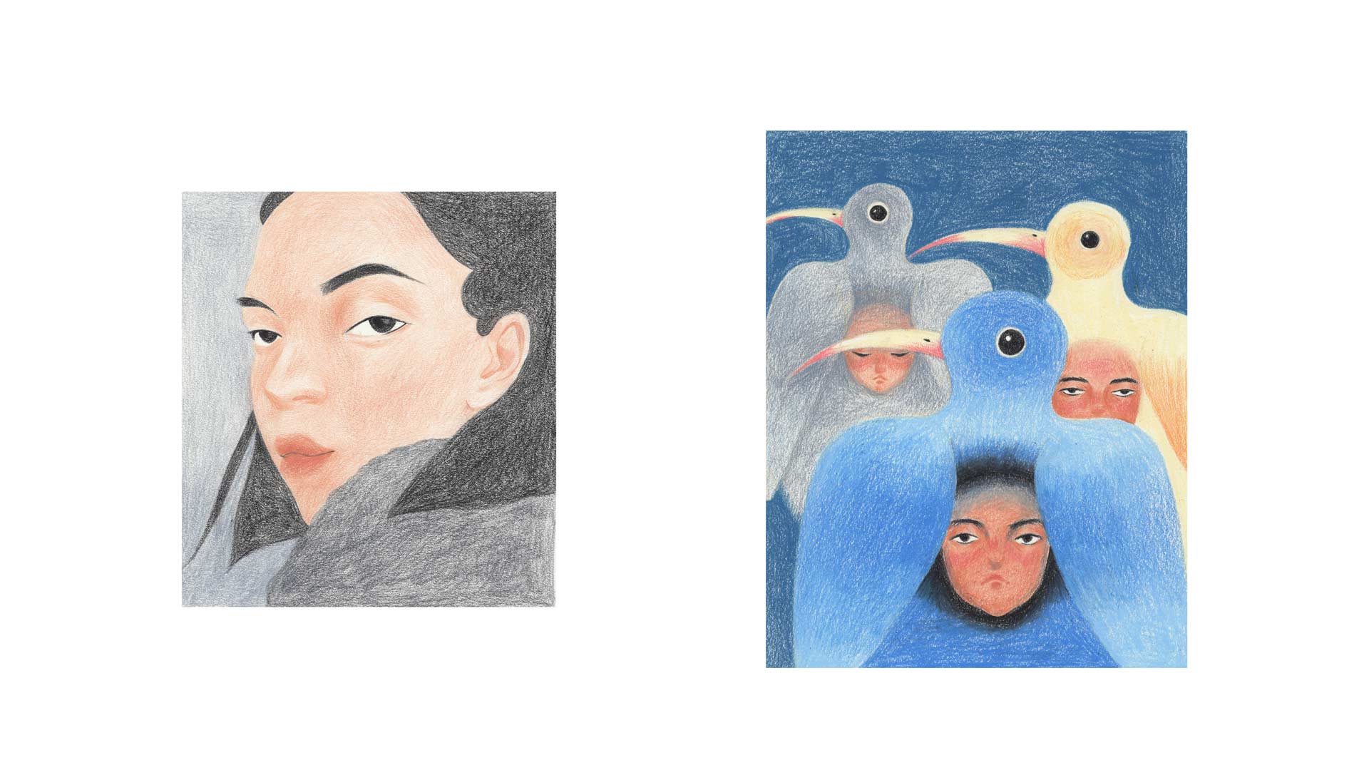 illustrations by Jiayue Li faces and birds on blue background