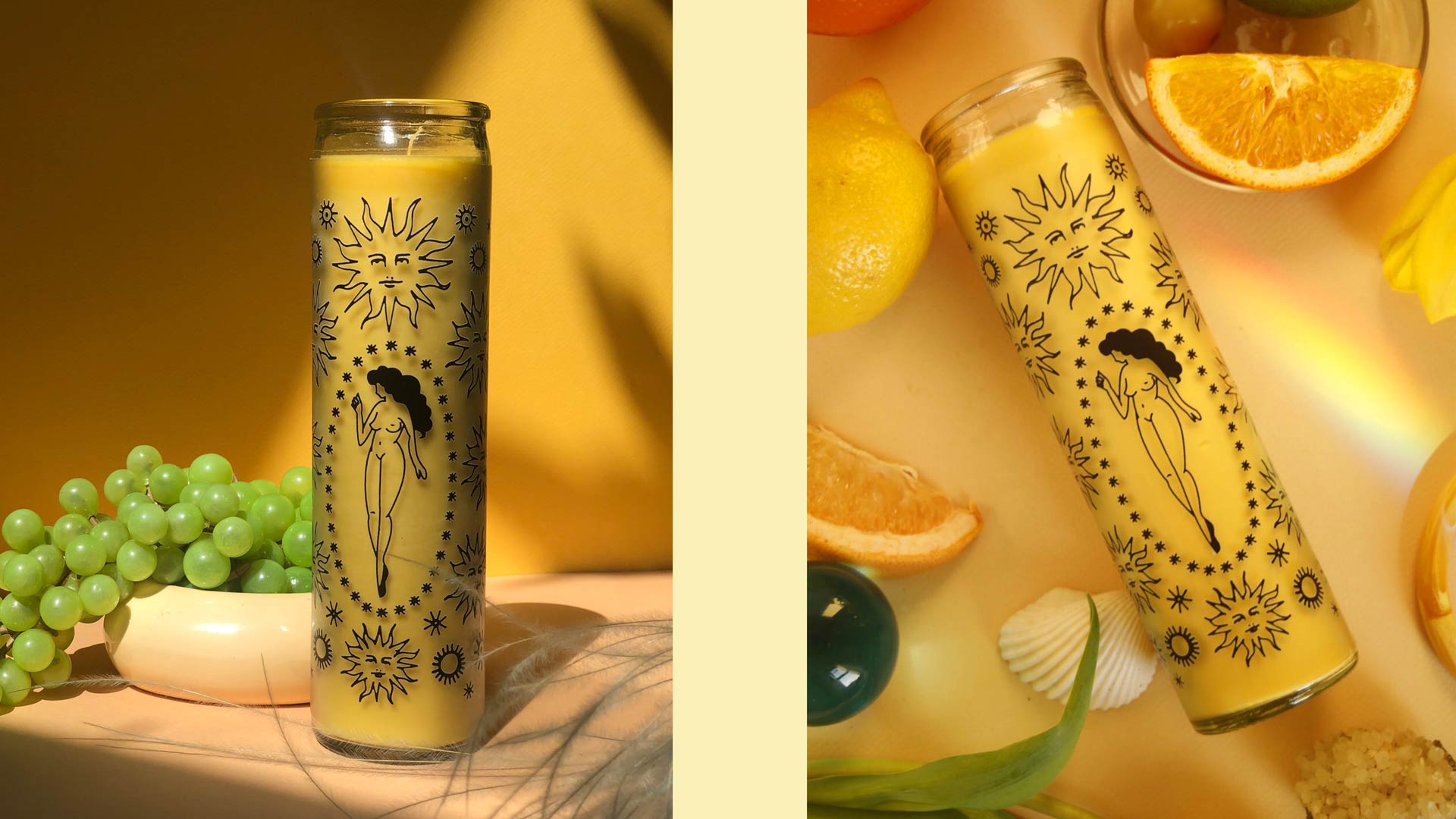 two photos of yellow candles and lemons