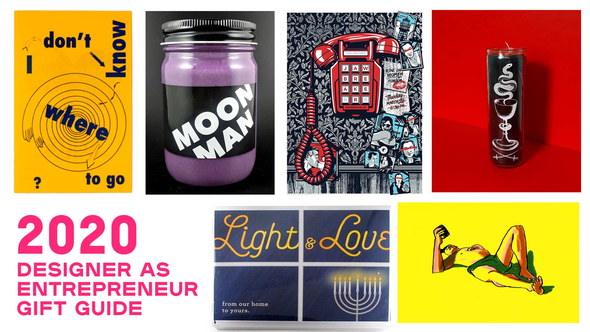 designer as entrepreneur gift guide with product shots of candle, prints book and jar