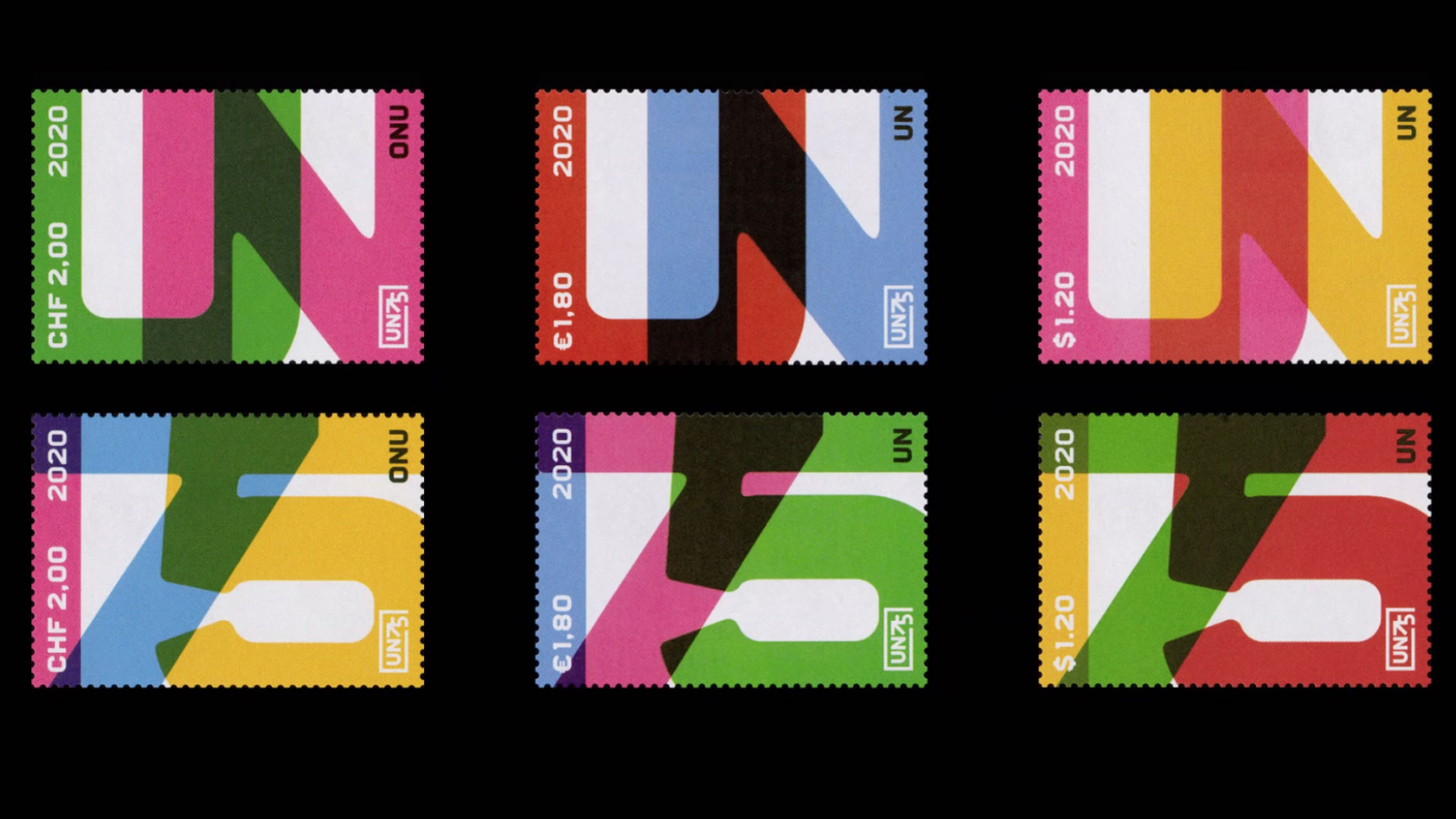 6 colorful UN stamps