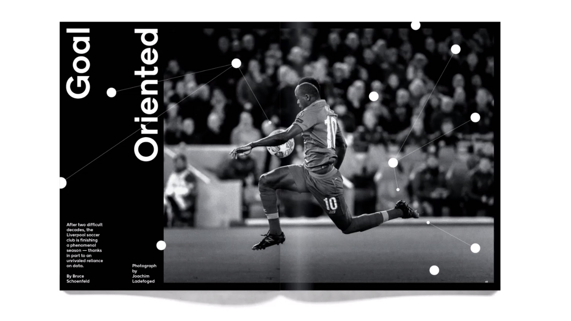 magazine spread man playing soccer with goal oriented text