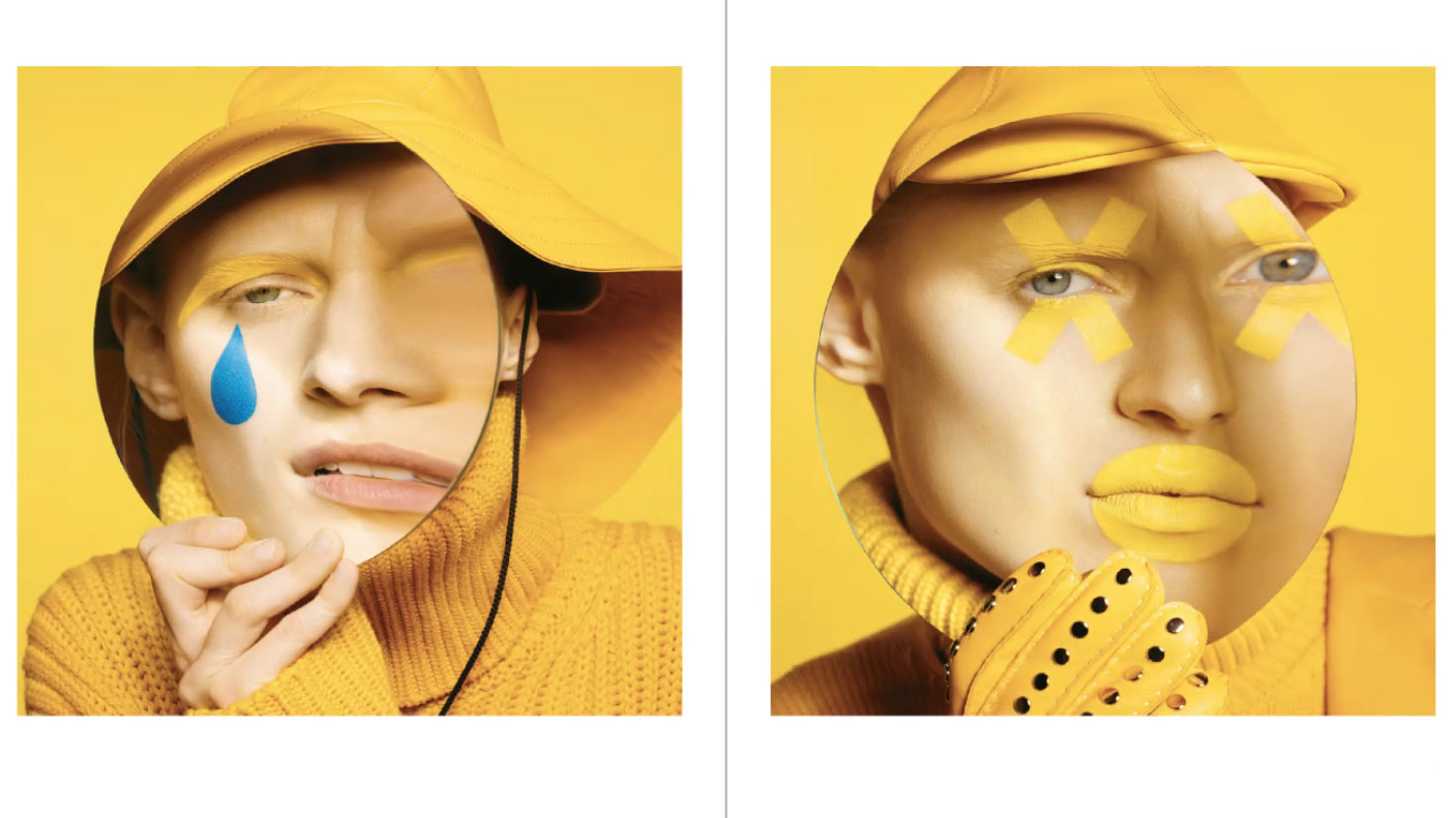 two photos of a woman in yellow with a magnifying glass