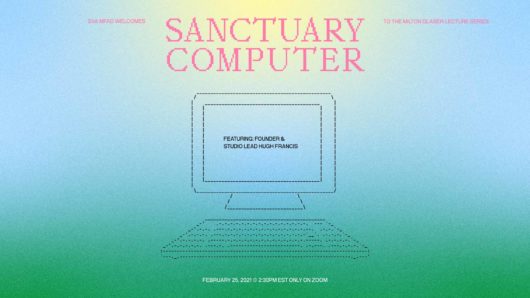 Hugh Francis poster multicolor gradient background with the words Sanctuary Computer and a illustration of a computer made of hyphens and slashes