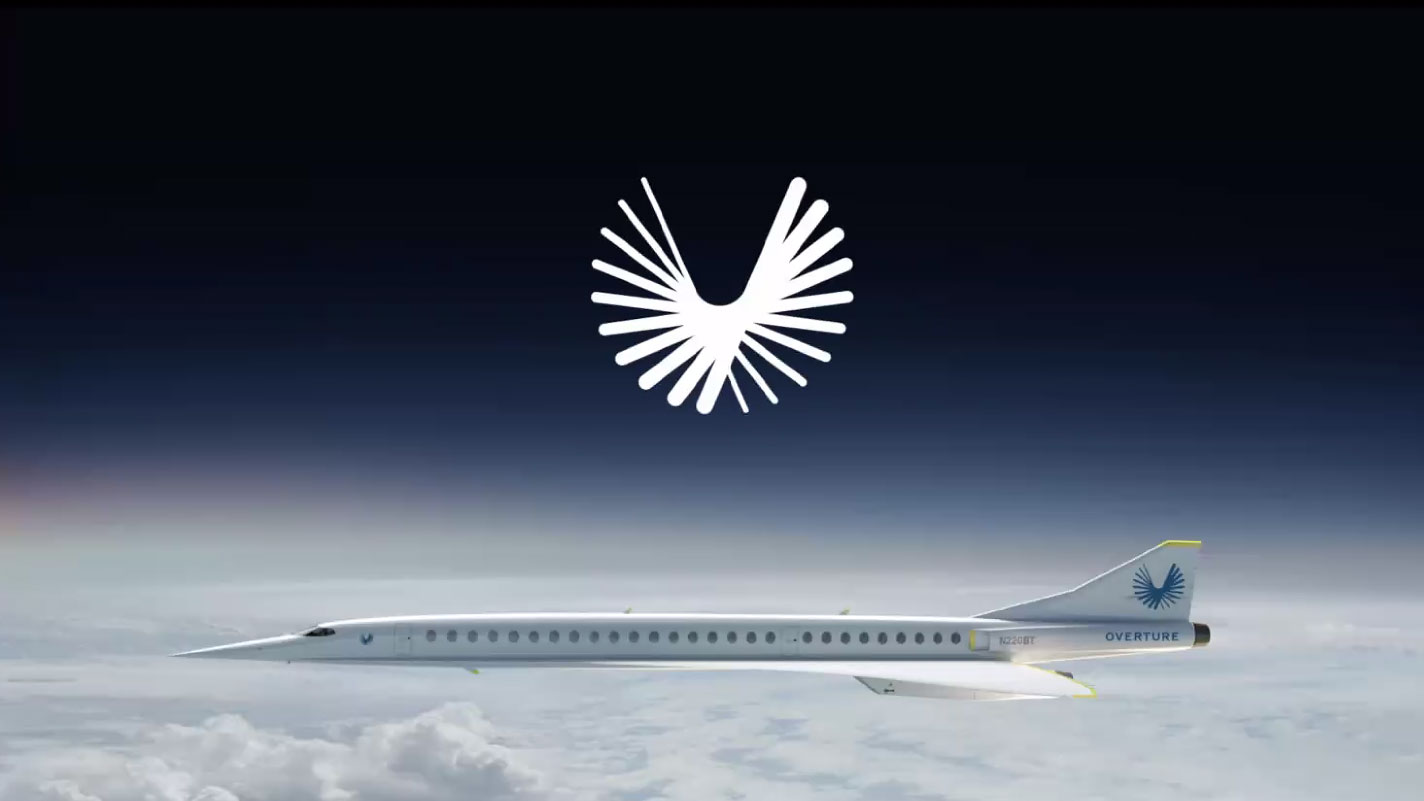 super sonic jet flying over clouds with logo