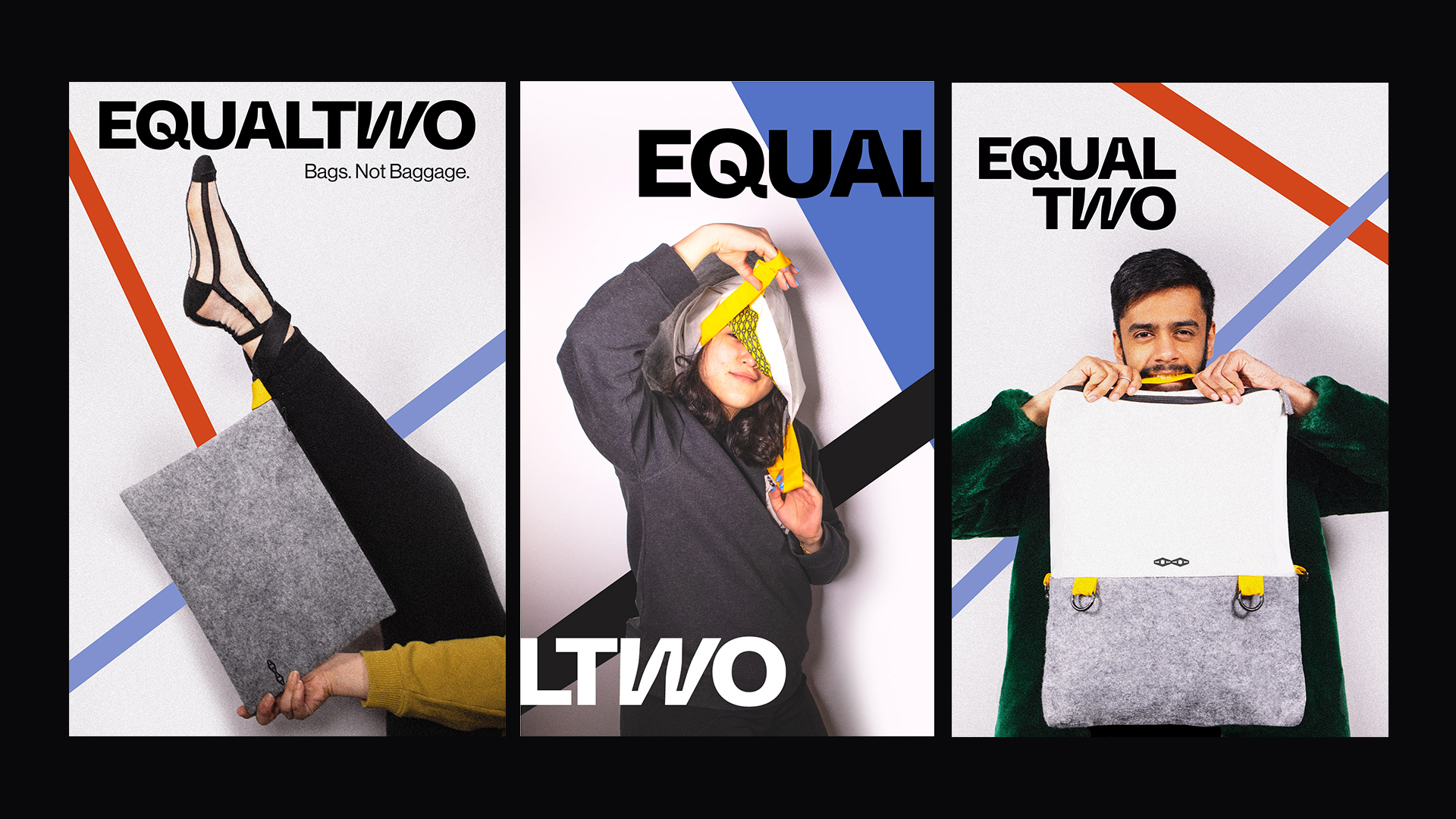 three Equaltwo ads with black logos, a woman's leg, woman wearing a bag on her head, and man bitting a bag handle