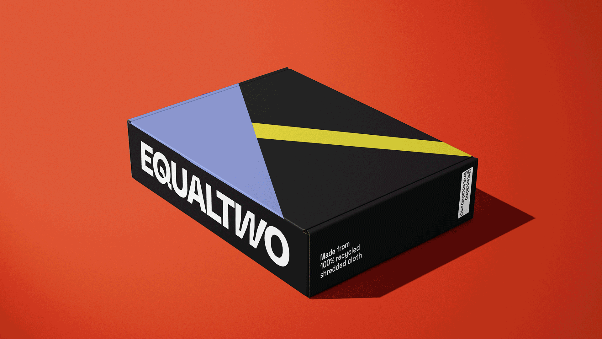 Equaltwo packaging on red background, black, blue and yellow