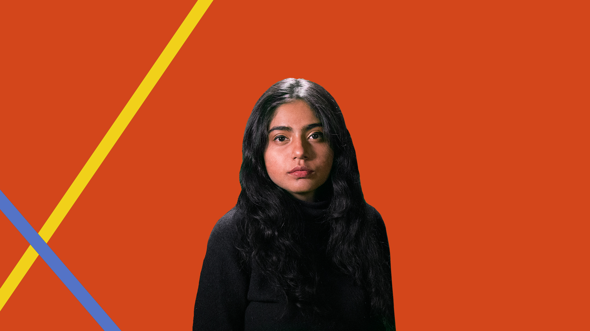 Sukanya Boe headshot with orange background, yellow and blue stripe