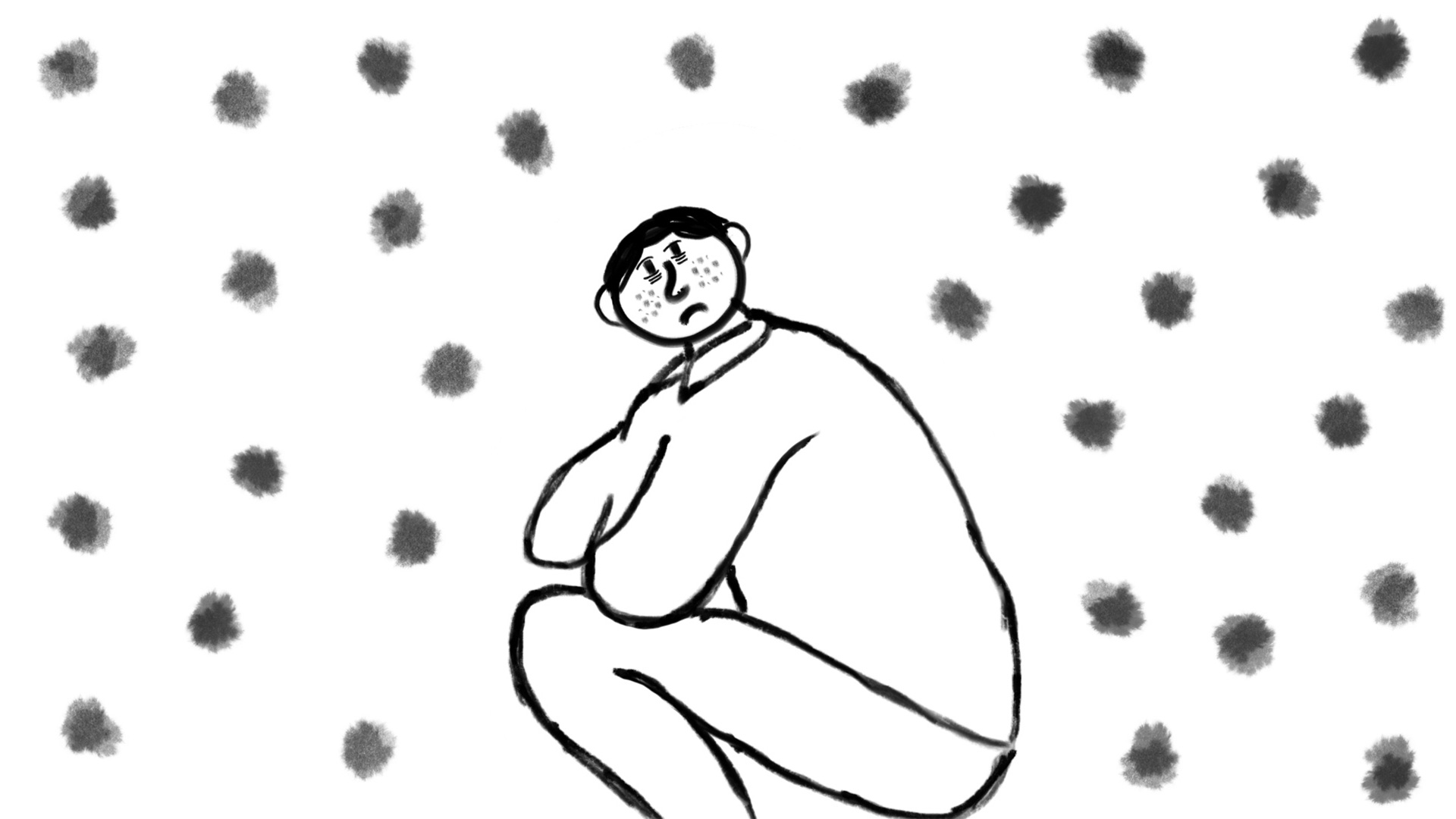 Illustration of a person squatting on the ground with a pattern surrounded by dots.