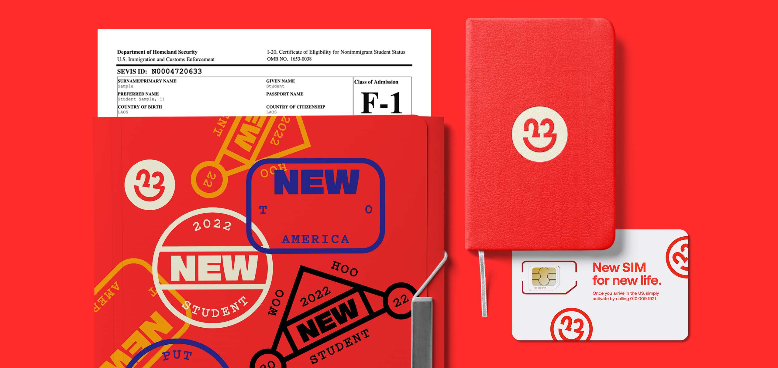 A folder, notebook and sim card with Newbie branding on red background