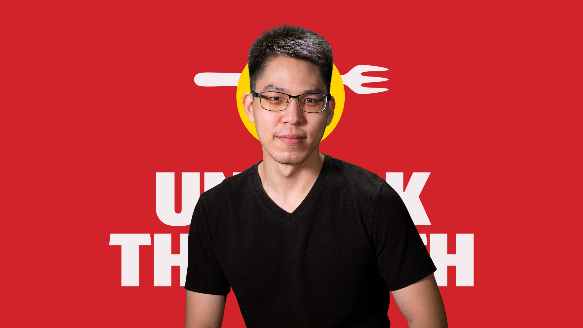 Photo portrait of Michael Kao against Unfork the Earth logo background