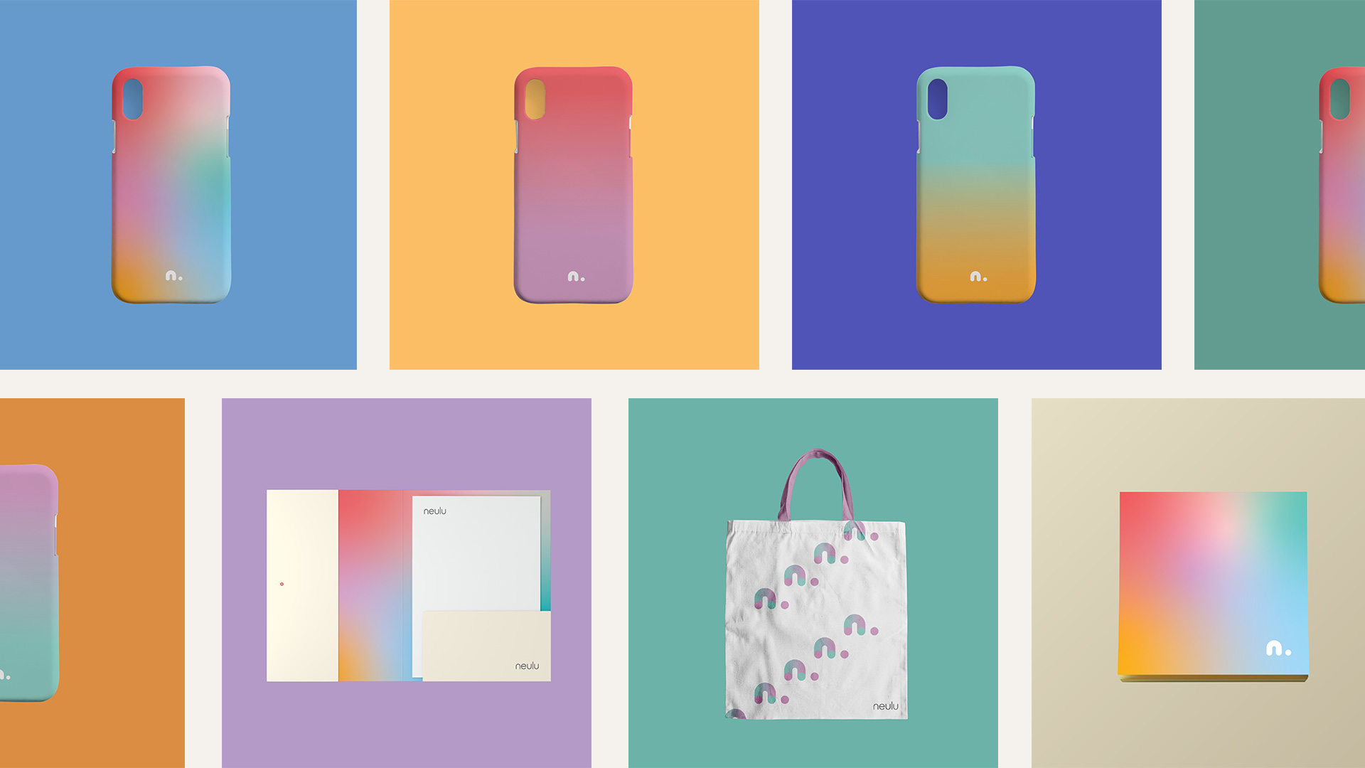 Merchandises of neulu phone cases, tote bags, folders and sticky notes
