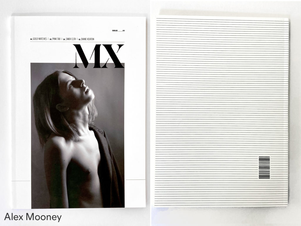 Magazine cover with a black & white photo of a man without shirt, Titled MX, by Alex Mooney