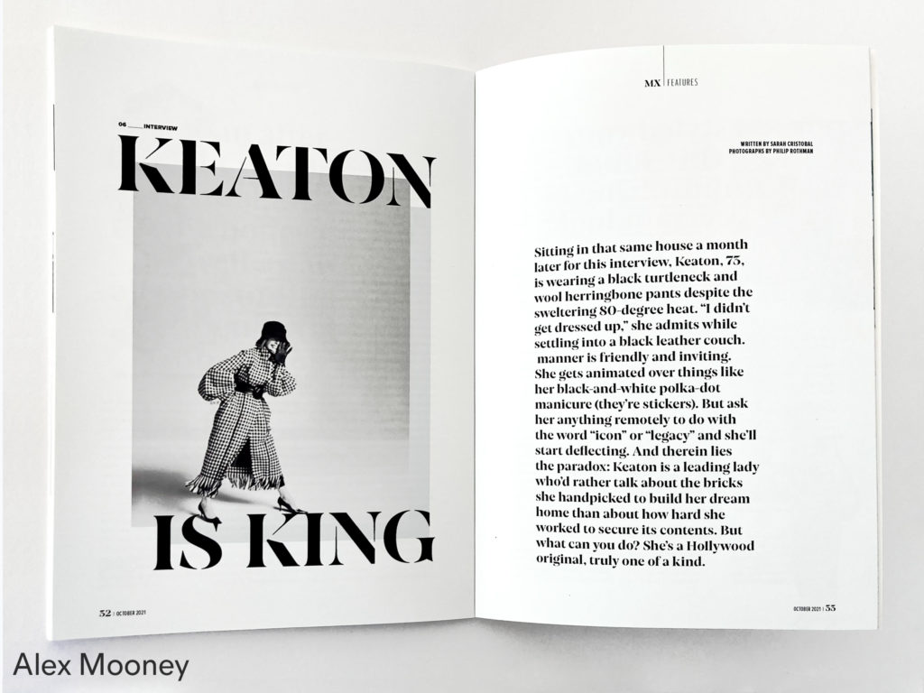 Spread of a magazine with a black and white photo of a women on the left page and text on the right, by Alex Mooney