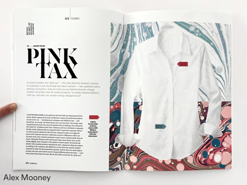 Spread of a magazine with text on the left page and a photo of a white shirt on the right, by Alex Mooney