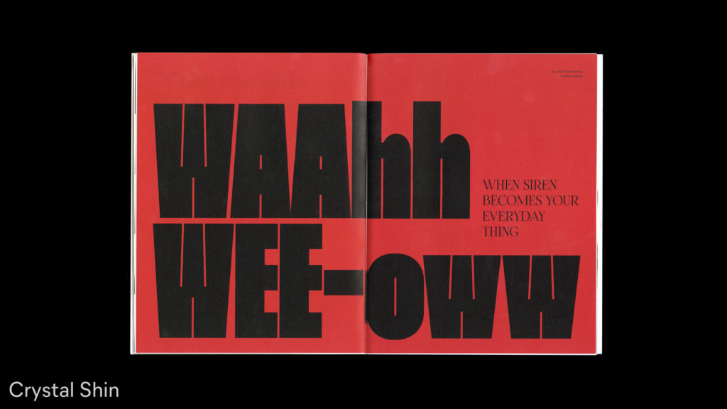 Spread of magazine, black text on red background, by Crystal Shin