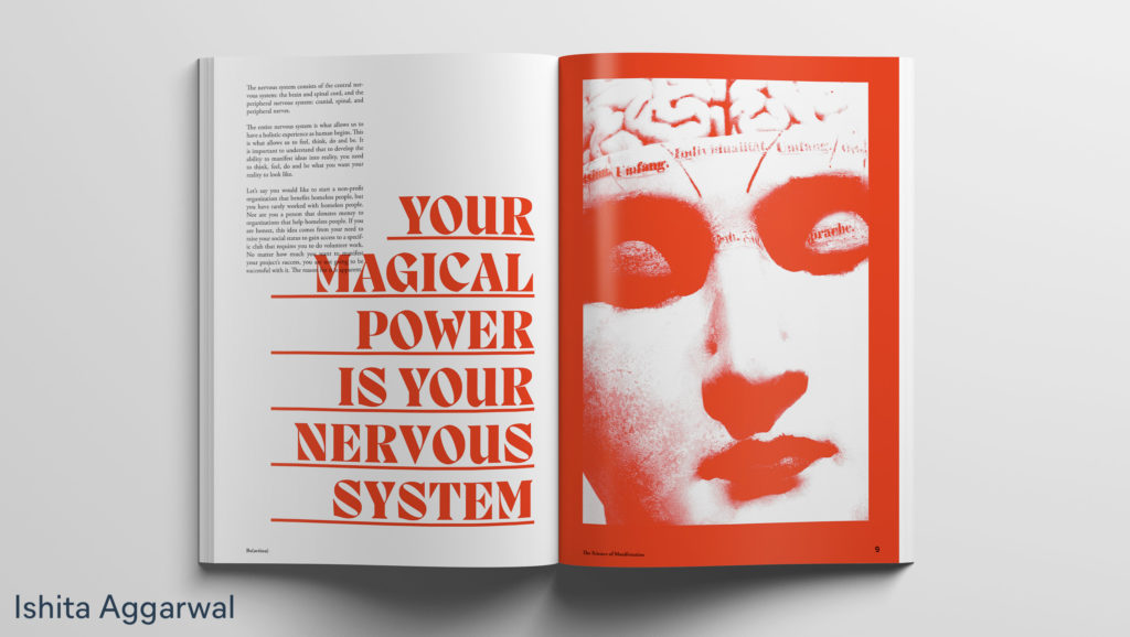 Magazine spread in orange and white, by Ishita Aggarwal