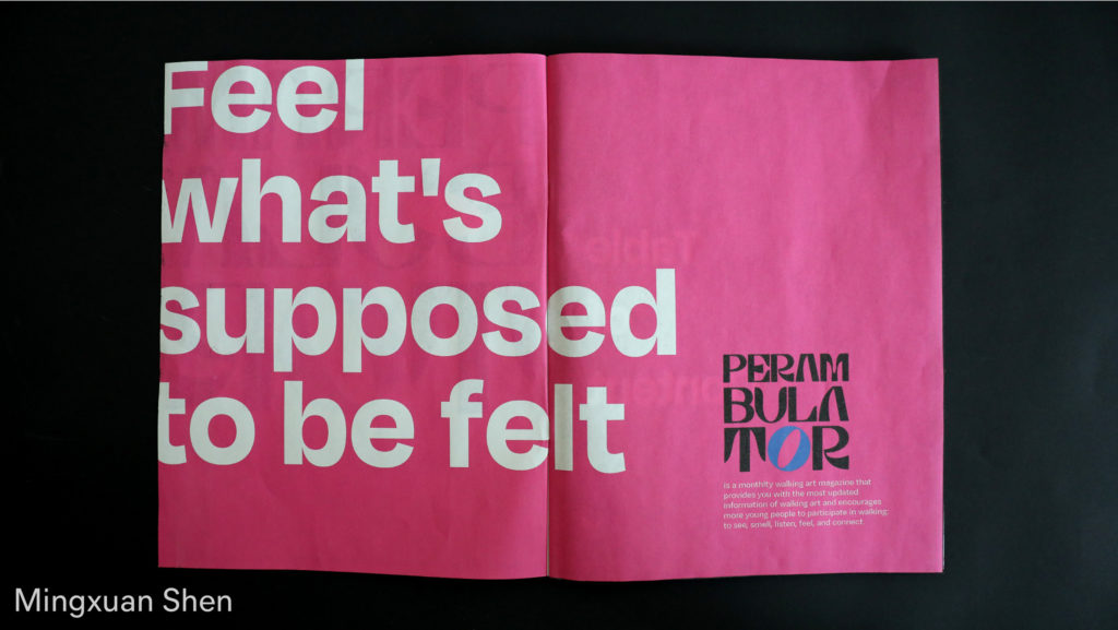 magazine spread with white text on pink background by Mingxuan Shen