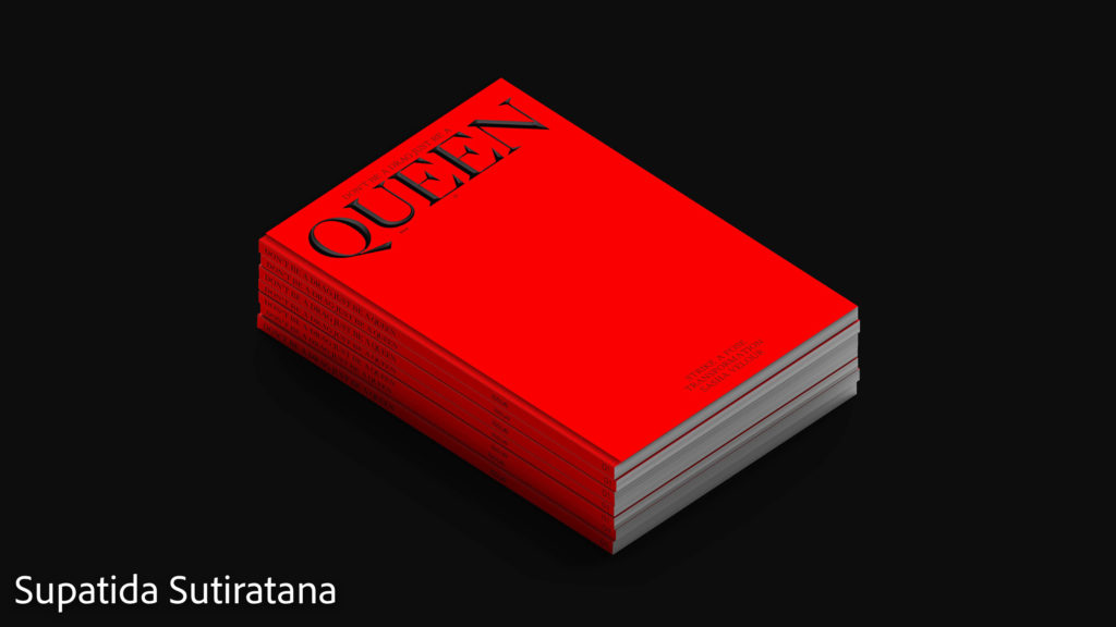 7 magazines with red covers titled Don't be a drag just be a queen, by Supatida Sutiratana