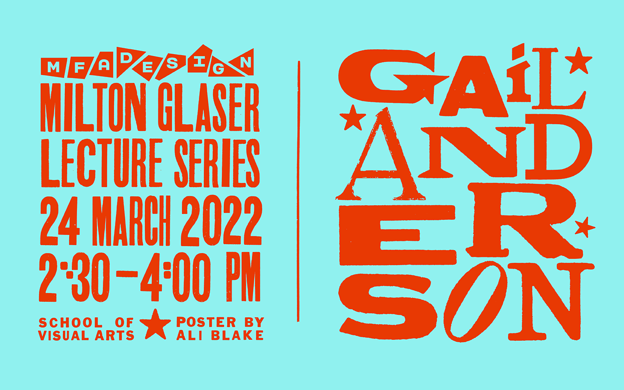 Milton Glaser's lecture poster wrote in red on cyan background